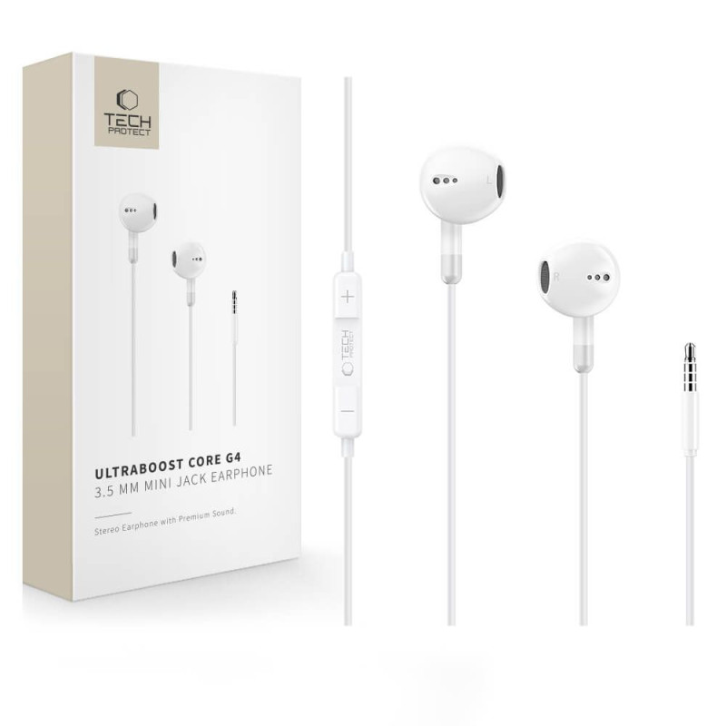 Sluchátka Tech-Protect ULTRABOOST MINI JACK EARPHONE CORE G4 pro zařízení - bílá