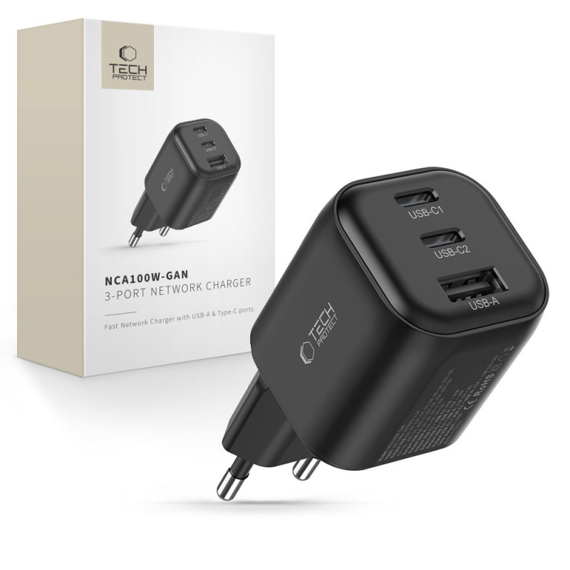Nabíječka Tech-Protect NCA100W-GAN-AVS pro zařízení USB-C - černá