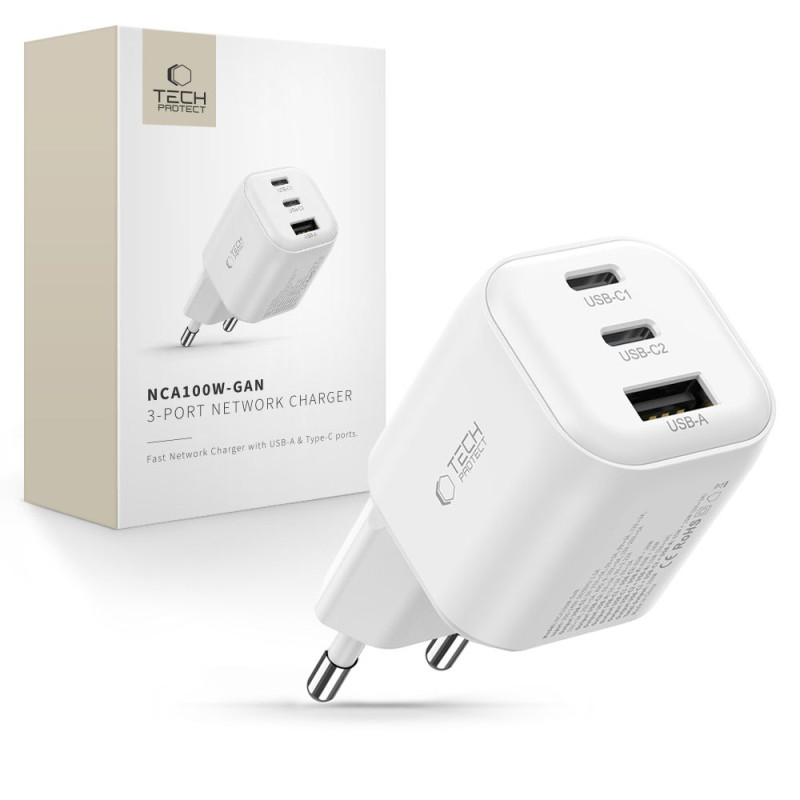 Nabíječka Tech-Protect NCA100W-GAN-AVS pro chytré telefony a tablety - bílá