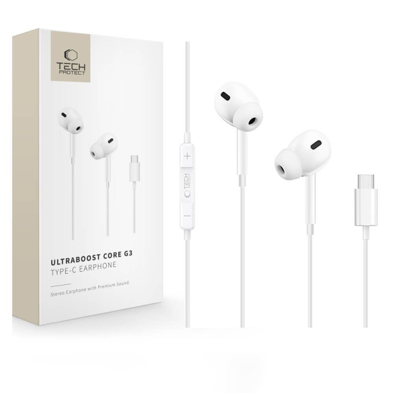 Sluchátka Tech-Protect ULTRABOOST TYPE-C EARPHONE CORE G3 pro zařízení s USB-C - white