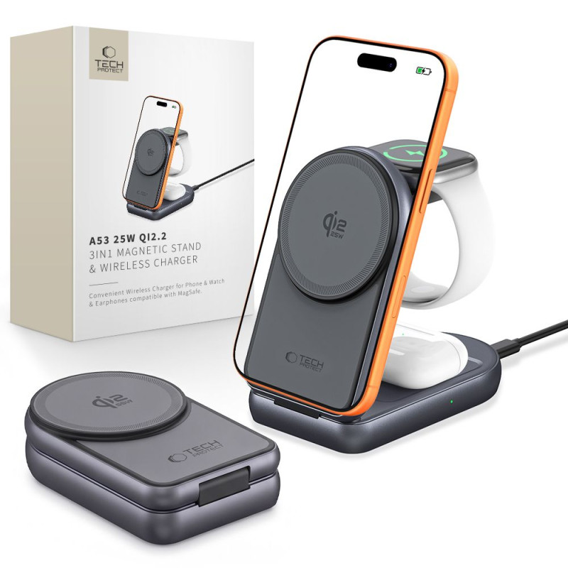 Nabíječka Tech-Protect A53 3IN1 MAGNETIC MAGSAFE WIRELESS CHARGER 25W Qi2.2 pro MagSafe zařízení - dark grey