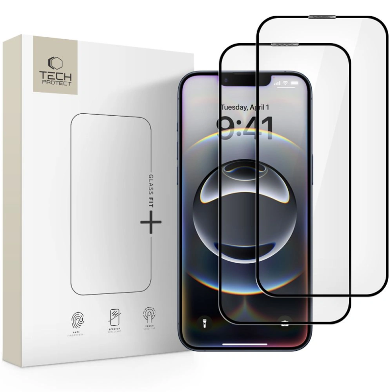 Ochranné sklo Tech‑Protect Glass Fit+ pro Apple iPhone 13/13 Pro/14/16e – černá (2 ks)