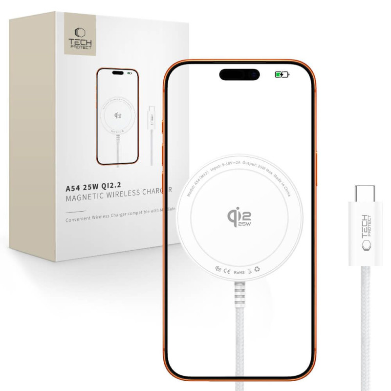 Nabíječka Tech-Protect A54 MAGNETIC MAGSAFE WIRELESS CHARGER 25W QI2.2 pro Apple zařízení - bílá