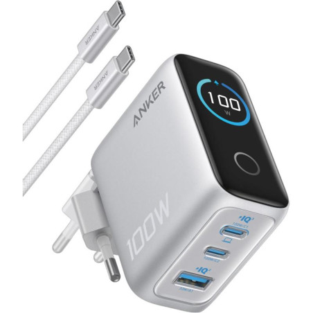 Nabíječka Anker 100W (2×USB-C + USB-A) do sítě - stříbrná