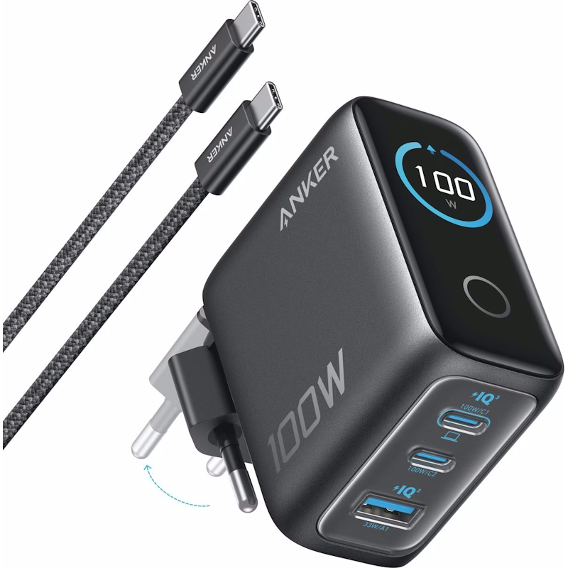 Nabíječka Anker 100W, 2xUSB-C, 1xUSB šedá pro telefon/notebook - šedá