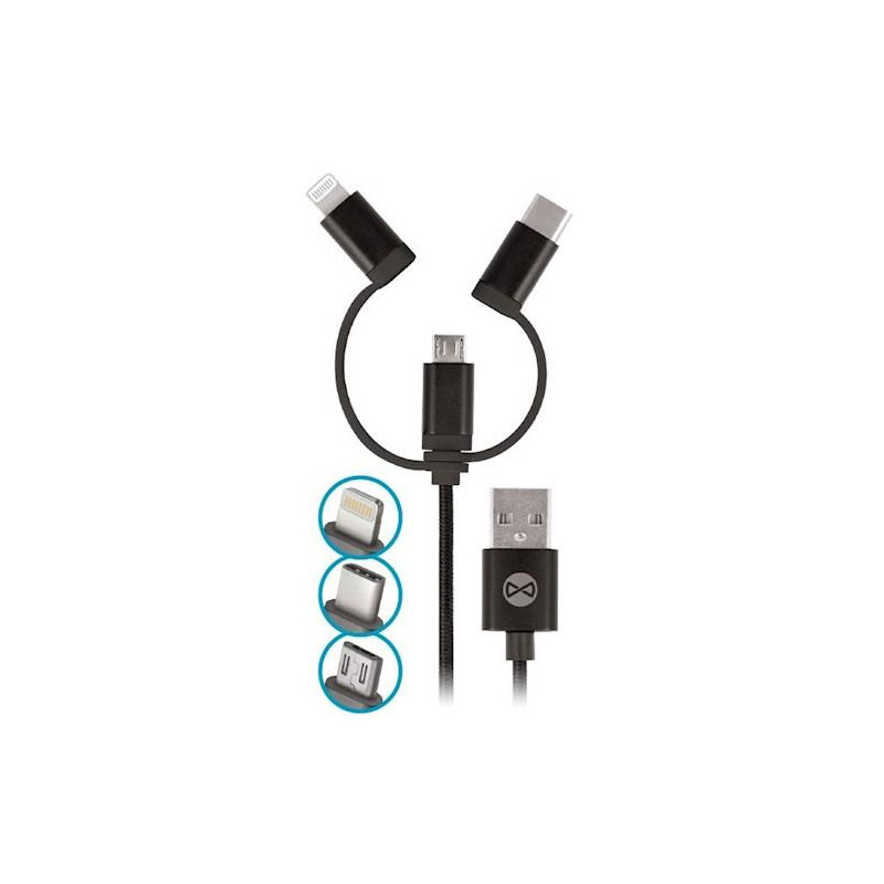 Kabel Forever 3v1 USB/microUSB, Lightning, USB-C 1m 1,5A pro nabíjení a přenos dat - černý