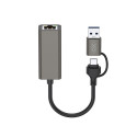 Síťový adaptér XO HUB018 USB-A/USB-C na RJ45 - šedý