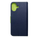 Pouzdro FANCY BOOK iPhone 16 PLUS – tmavě modré/limetkové