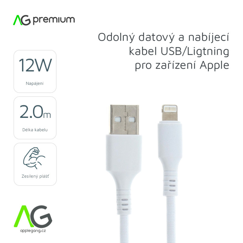 AG PREMIUM C276-2 Zesílený odolný kabel USB/Lightning 12W, délka 2m, bílá barva, bulk balení