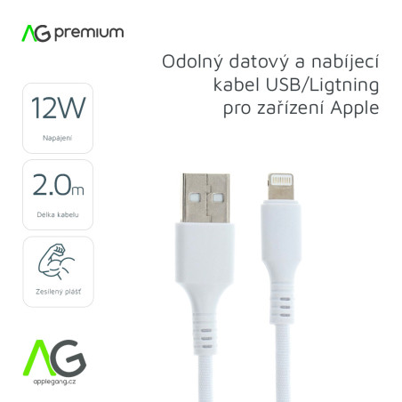 AG PREMIUM C276-2 Zesílený odolný kabel USB/Lightning 12W, délka 2m, bílá barva, bulk balení