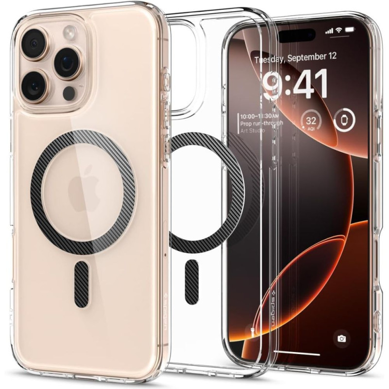 Pouzdro Spigen Ultra Hybrid Mag Carbon Fiber s MagSafe pro iPhone 16 Pro - tmavě šedé