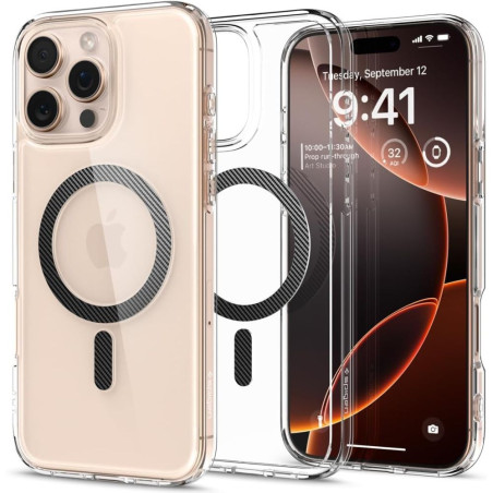 Pouzdro Spigen Ultra Hybrid Mag Carbon Fiber s MagSafe pro iPhone 16 Pro - tmavě šedé