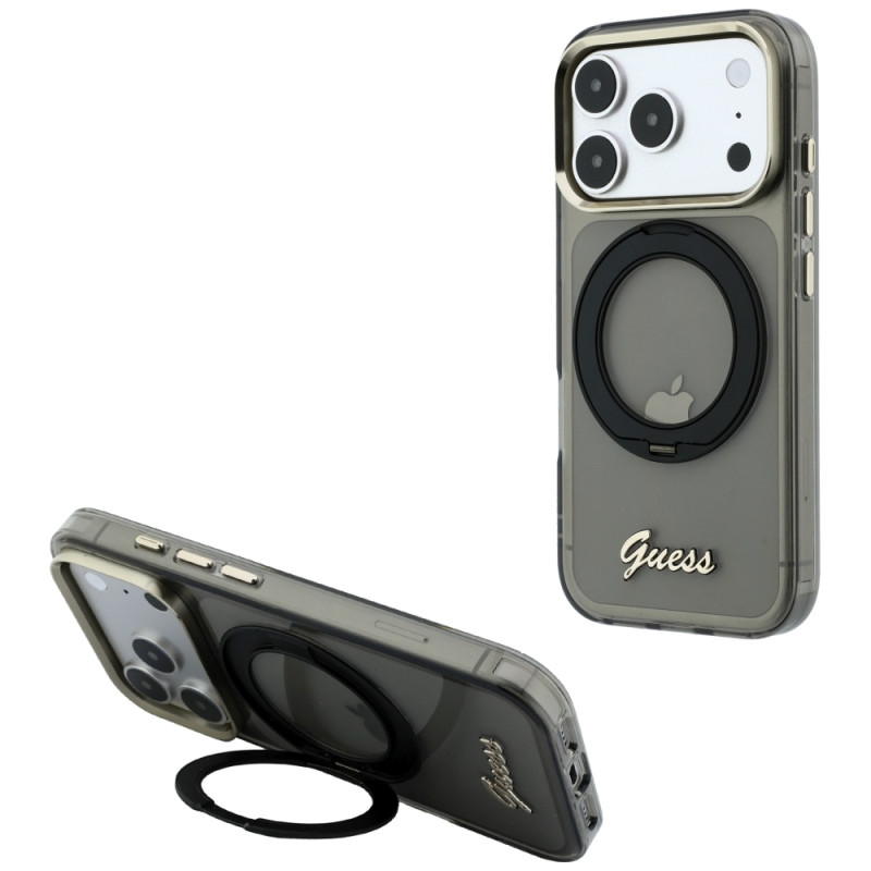 Stojánek / držák na MagSafe Guess IML RING STAND 360 Script Metal Logo pro iPhone 17 Pro Max / 18 Pro Max - černý