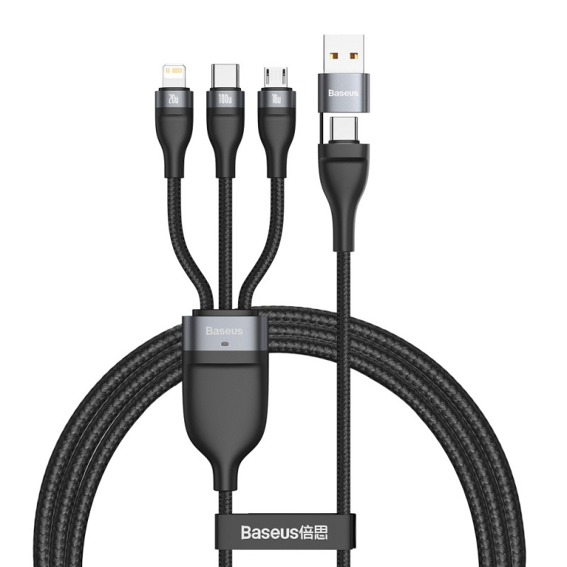 BASEUS CA2T3-G1 Datový a nabíjecí opletený kabel 3v1 (USB-C/Lightning/MicroUSB) 100W, 1,2m, černý