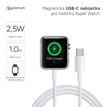 AG PREMIUM C3189 Magnetická USB-C nabíječka pro Apple Watch 1-6, SE, délka 1m, bílá