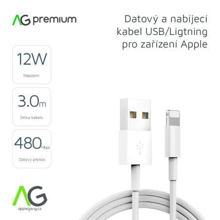 AG PREMIUM C603 kabel USB/Lightning pro Apple zařízení, délka 3m, bílá barva, bulk balení