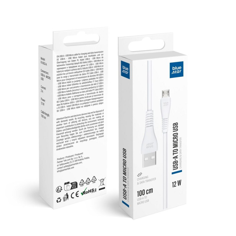 Kabel Blue Star PJ-DG3-A USB A na Micro USB 2A 12W 1 m - bílá