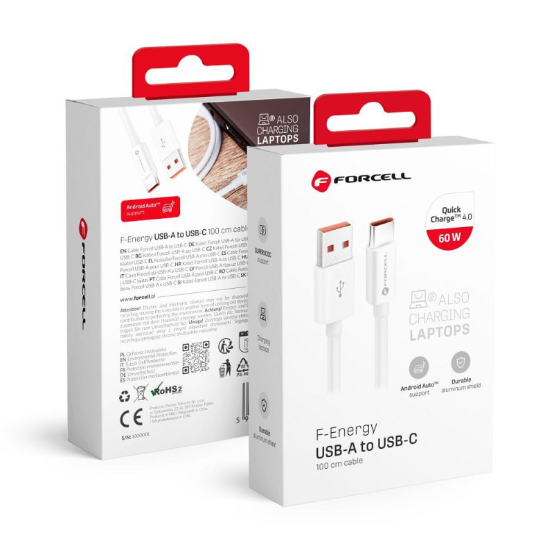 Kabel Forcell C336 pro rychlé nabíjení zařízení USB A na USB C 1 m - bílý
