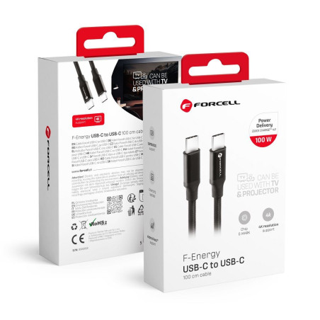 Kabel USB C - USB C Forcell F-ENERGY QC4.0 PD 5A 100W E-mark pro nabíjení 1 m - černý