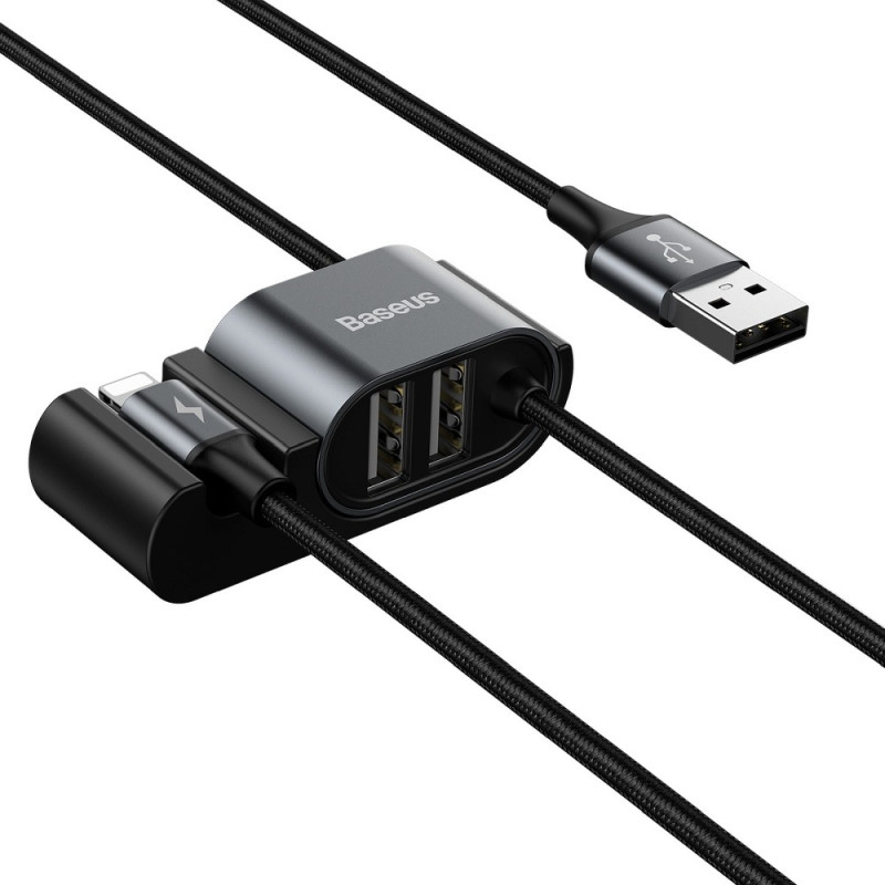 BASEUS CALHZ-01 Dvouportový USB Hub s Lightning kabelem 1,5m pro zadní sedadla automobilu, černý