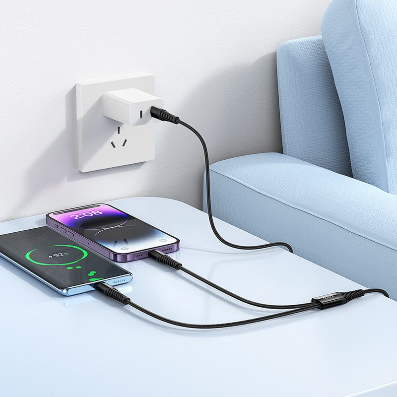 Kabel Hoco X123 2v1 USB-C to USB-C+Lightning pro nabíjení a přenos dat - černý
