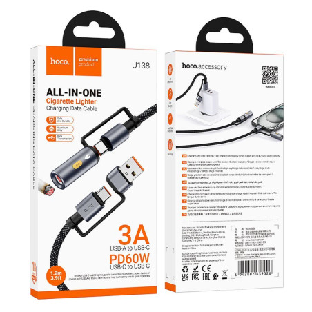 Kabel HOCO U138 pro cigaretový zapalovač 1,2 m - černý