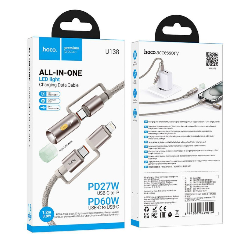 Kabel HOCO U138 pro nabíjení USB-C / Lightning – šedý