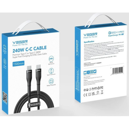 Kabel Veger USB-C to USB-C PD 240W CC03 1,5 m black