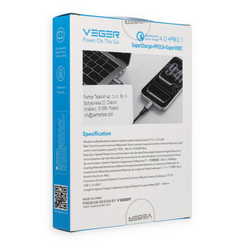 Kabel Veger PD 5A 240W CC2-ZSD pro USB-C zařízení - černý