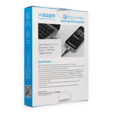 Kabel Veger PD 5A 240W CC2-ZSD USB-C s LED - černý