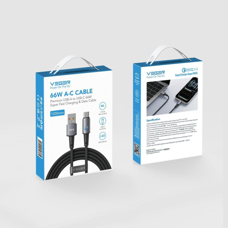Kabel Veger PD 3A 66W AC1-ZSD pro zařízení s USB-C - černý