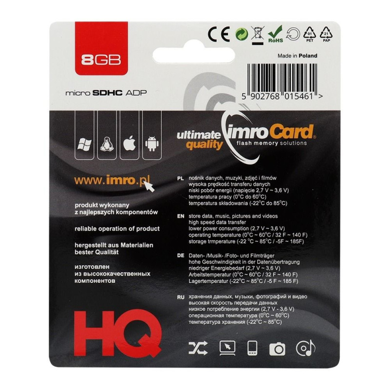 Paměťová karta IMRO microSDHC 8GB s adaptérem SD - bez barvy