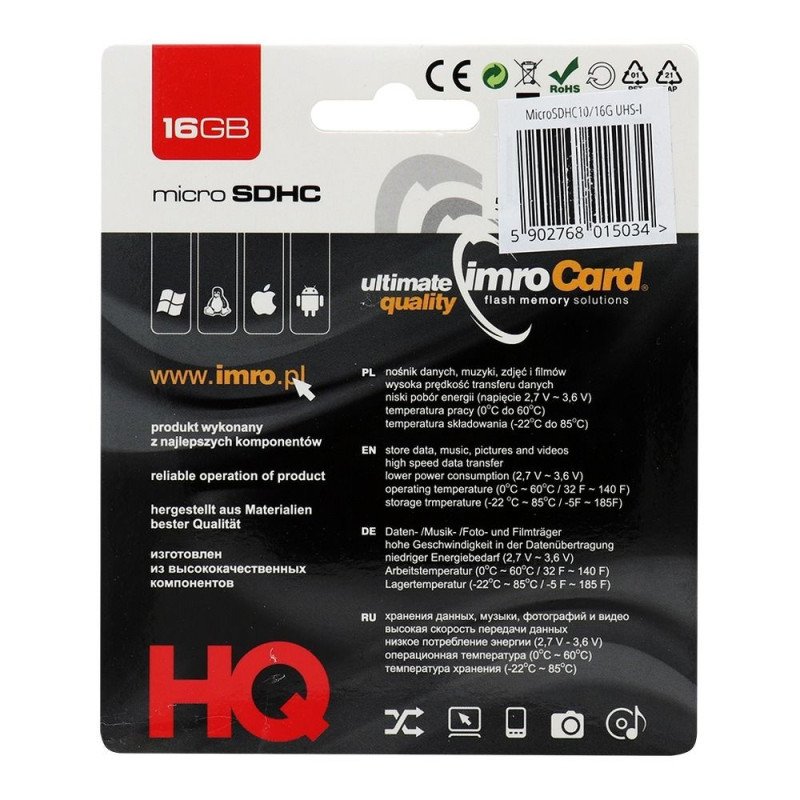 Paměťová karta microSD IMRO 16GB 100MB/s Class 10 UHS I - bez adaptéru