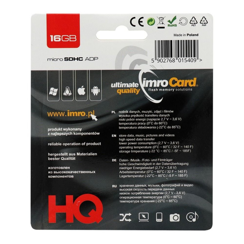 Paměťová karta IMRO microSDHC 16GB s adaptérem SD - bez barvy/varianty