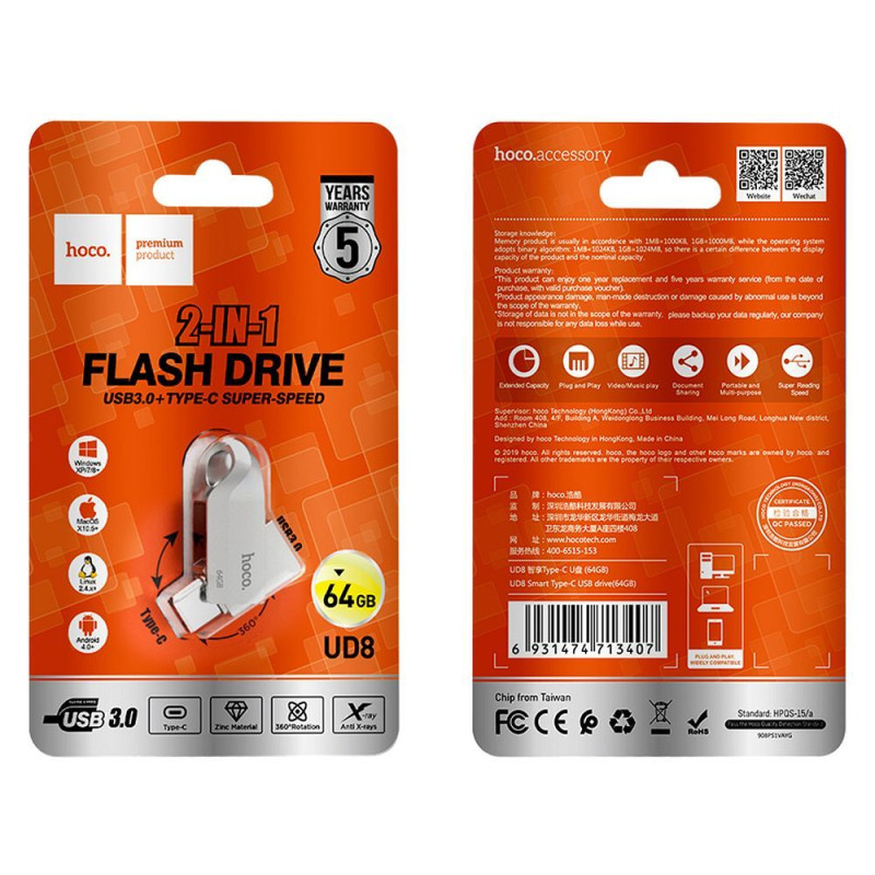 Flashdisk Hoco UD8 64GB (USB A + USB C) - perleťový nikl