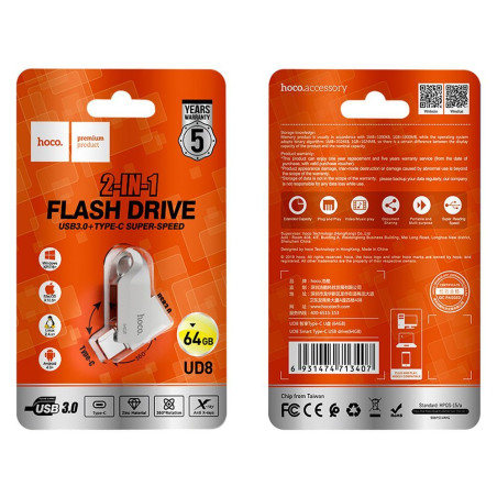 Flashdisk Hoco UD8 64GB USB-A 3.0 + USB-C - perleťový nikl