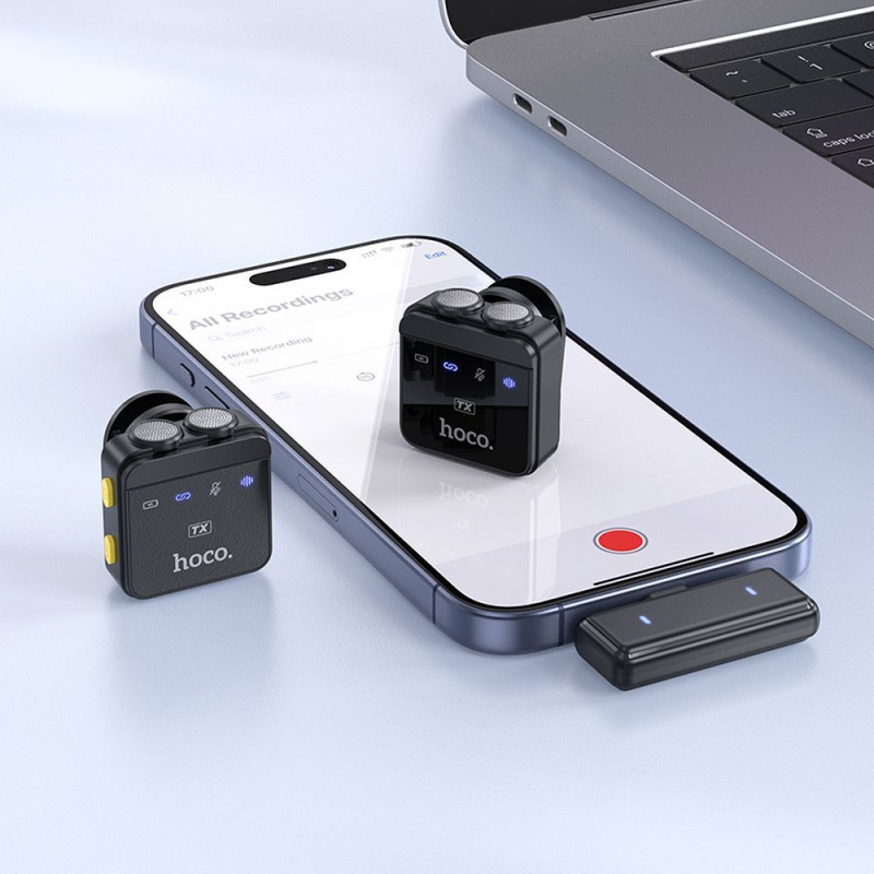Bezdrátový klopový mikrofon Hoco L17 pro Lightning / USB-C zařízení - černá