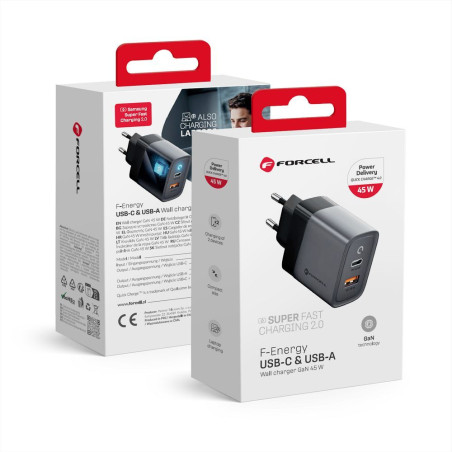 Forcell GaN 45W nabíječka USB-C + USB-A QC4.0 PD 4A šedá
