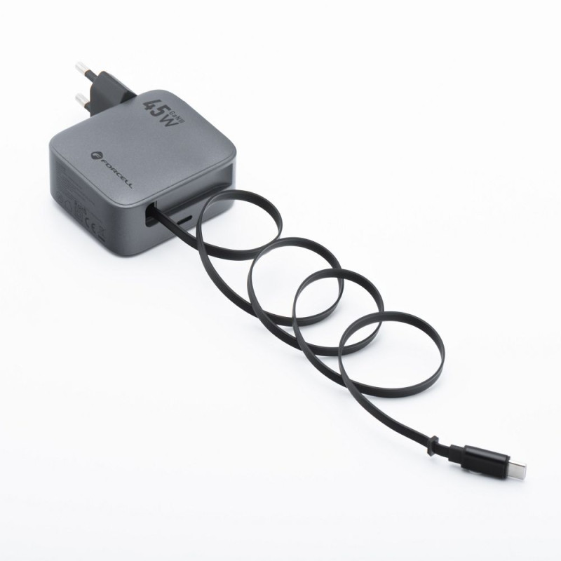 Nabíječka Forcell F-ENERGY GA N USB C + Retractable Cable pro mobilní zařízení - šedá
