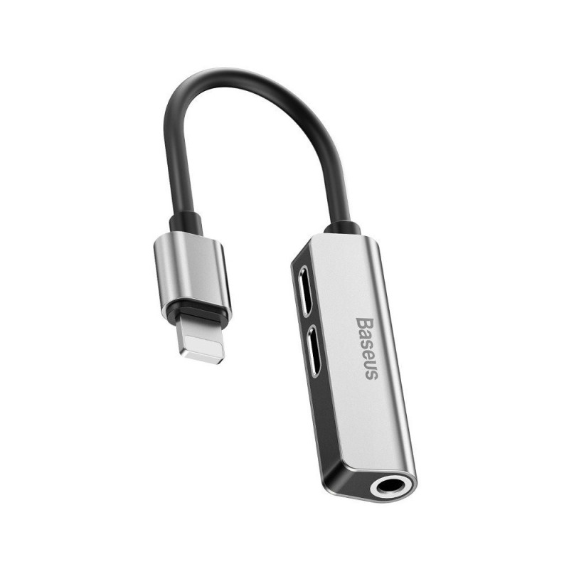 BASEUS CALL52-S1 Adaptér pro 3,5mm sluchátka a 2x Lightning, stříbrná