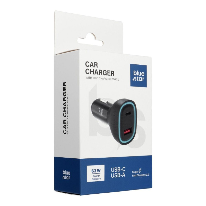 Nabíječka do auta Blue Star SFC2.0 3A 63W pro USB-C + USB-A - černá