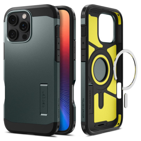 Spigen Tough Armor MagSafe pouzdro se stojánkem pro iPhone 16 Pro – zelené
