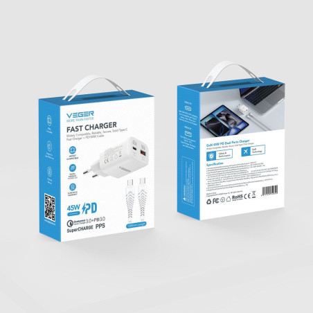 Nabíječka Veger TR121 45W USB-A + USB-C PD 100W kabel - bílá