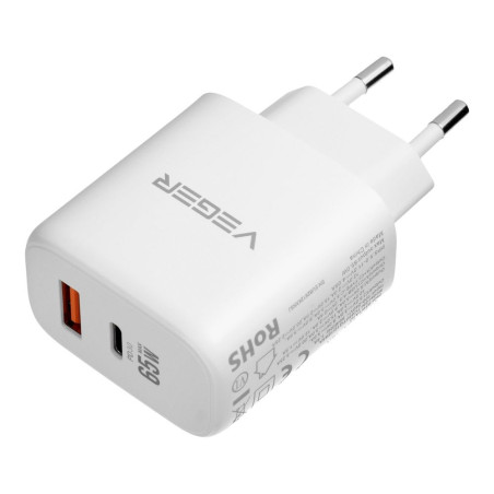 Nabíječka VEGER 65W USB-A + USB-C PD QC3.0 - bílá
