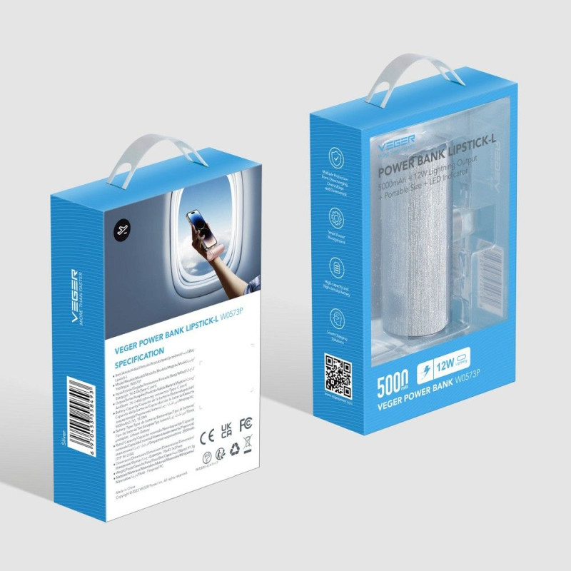 Powerbanka Veger PlugOn (W0573) pro USB-C zařízení - stříbrná
