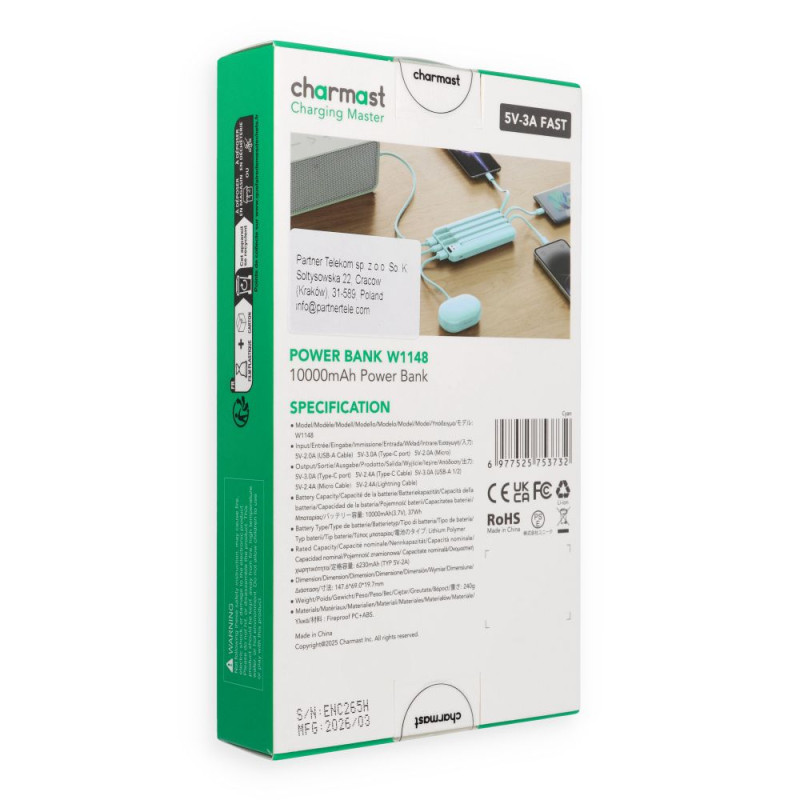 Powerbanka Charmast W1148 10000 mAh pro mobilní zařízení - zelená