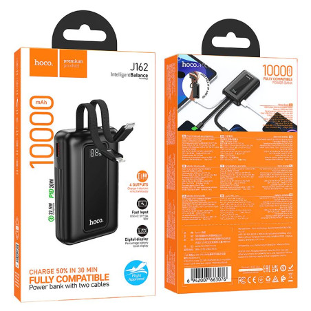 Powerbanka Hoco J162 10000 mAh PD/QC s kabely USB-C+Lightning - černá