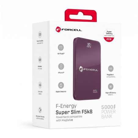 Forcell SUPER SLIM F5K8 MagSafe powerbanka 15W 5000 mAh - vínová