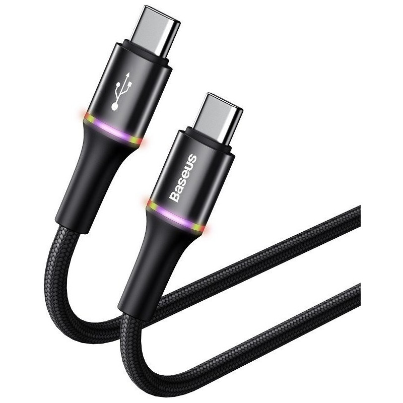BASEUS CATGH-K01 Halo opletený a odolný kabel USB-C/USB-C, 2m, černý se svítícím proužkem