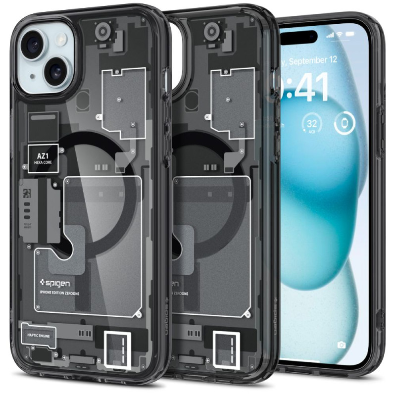 Spigen Ultra Hybrid Mag pouzdro s MagSafe pro iPhone 15 Plus - tmavě šedé (Zero One design)